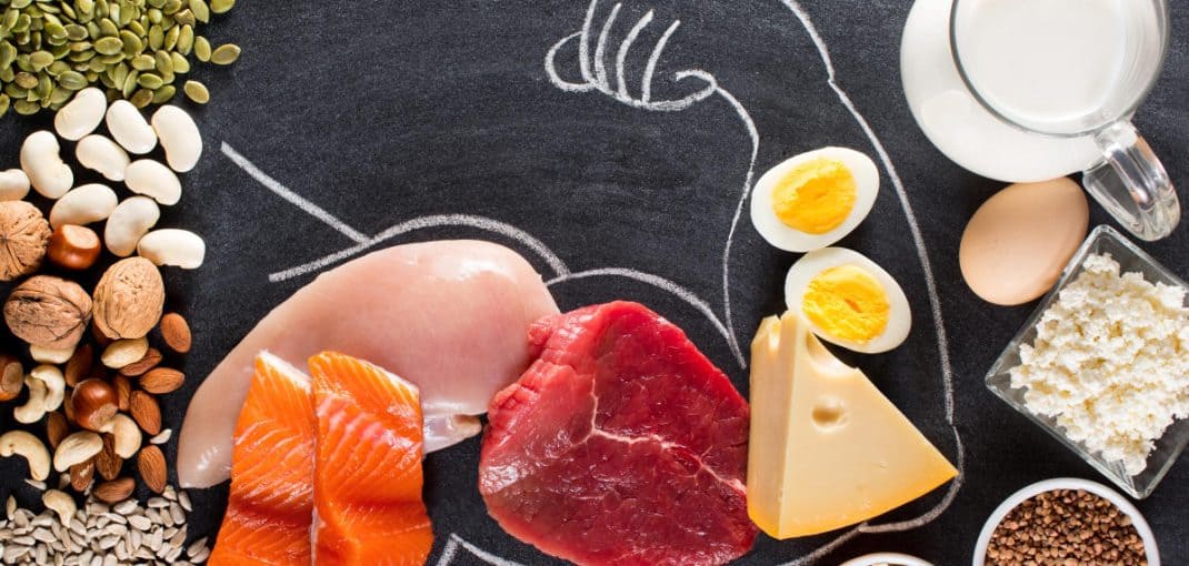 A variety of high-protein foods, including seeds, nuts, beans, chicken, salmon, beef, eggs, cheese, and milk, arranged around a chalk-drawn flexing arm.